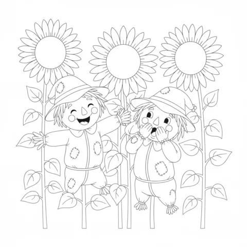 Scarecrow coloring page: two scarecrows playing among tall sunflowers, one laughing, one surprised