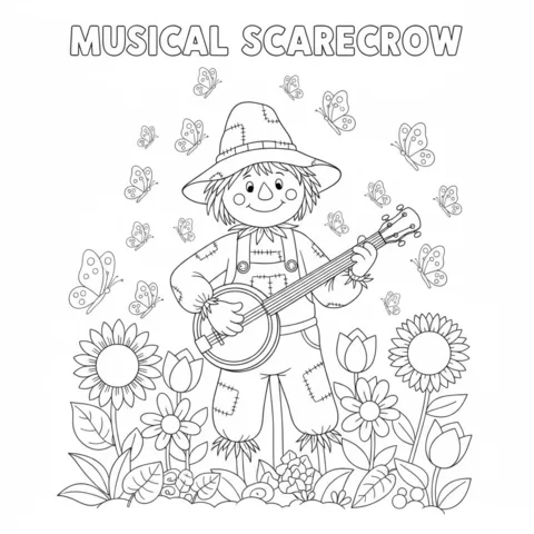 Scarecrow coloring page: a scarecrow playing a banjo in a garden with flowers and butterflies