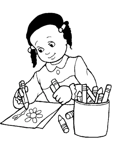 Girl coloring page: a young girl with pigtails drawing a flower with crayons at a table