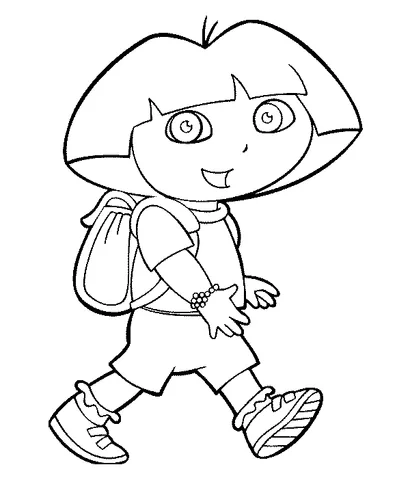 Dora the Explorer coloring page: Dora walking with a backpack and a bracelet on her wrist