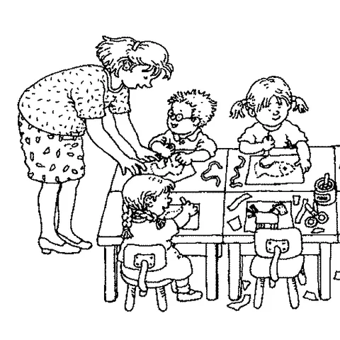School coloring page: a teacher helping three children with crafts at a school table