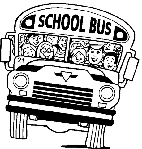 School bus coloring page: a cheerful school bus full of smiling children looking out the windows