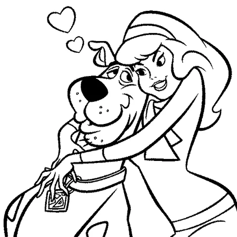 Ausmalbild Scooby-Doo: Daphne umarmt Scooby-Doo, mit Herzen, die über ihnen schweben