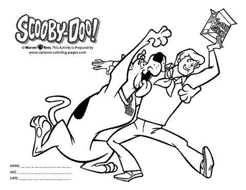 Ausmalbild Scooby-Doo: Scooby-Doo und Fred rennen, Fred hält eine Packung Scooby Snacks