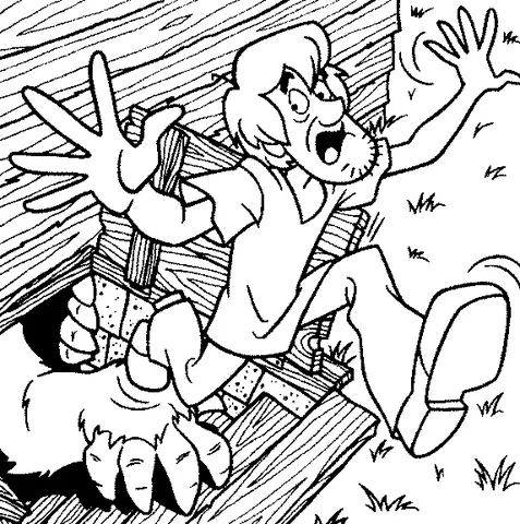 Ausmalbild Scooby-Doo: Shaggy rennt vor der Hand eines Monsters weg, die aus einer Holzkiste kommt