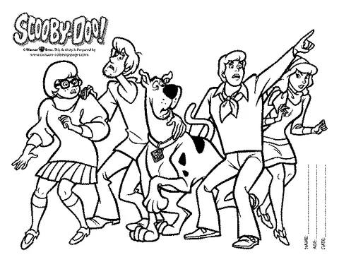 Ausmalbild Scooby-Doo: die ganze Bande steht zusammen, Fred zeigt nach rechts