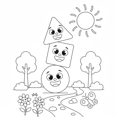 Dibujo de Formas para colorear: un círculo, un cuadrado y un triángulo apilados en un parque soleado