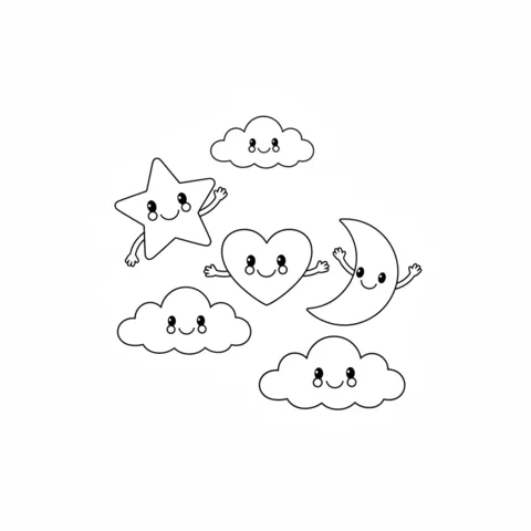 Dibujo de Formas para colorear: una estrella, un corazón y una luna creciente con tres nubes, todos con caras