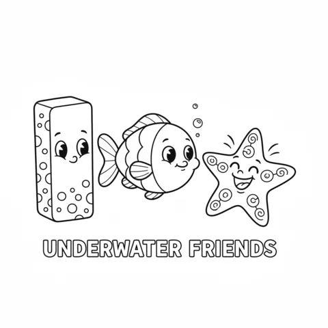 Dibujo de Formas para colorear: un rectángulo, un pez y una estrella de mar con las palabras "UNDERWATER FRIENDS