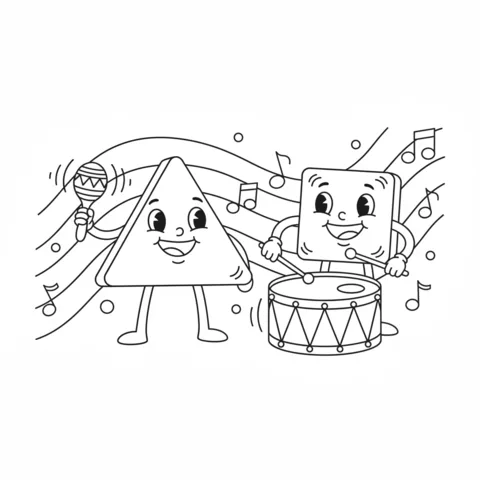 Dibujo de Formas para colorear: un triángulo tocando maracas y un cuadrado tocando un tambor con notas musicales