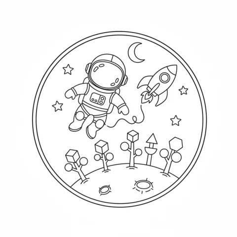 Dibujo de Formas para colorear: un astronauta flotando sobre un planeta con un cohete y estrellas