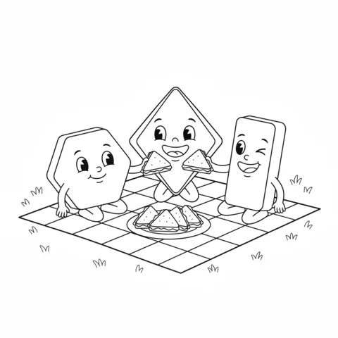 Dibujo de Formas para colorear: un hexágono, un rombo y un rectángulo haciendo un picnic con sándwiches