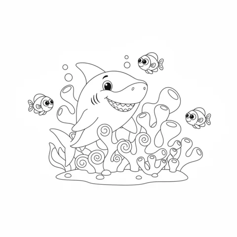 Ausmalbild Hai: ein lächelnder Hai umgeben von Korallen und drei kleinen Fischen