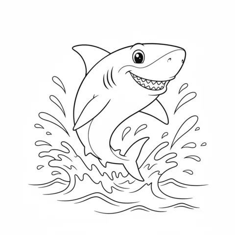 Ausmalbild Hai: ein fröhlicher Hai springt aus dem Wasser und erzeugt einen großen Spritzer