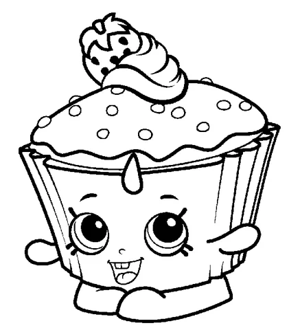 Dibujo de Shopkins para colorear: un cupcake feliz con glaseado, chispas y una fresa encima