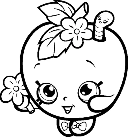 Dibujo de Shopkins para colorear: una manzana feliz con flores, hojas y un pequeño gusano en su cabeza