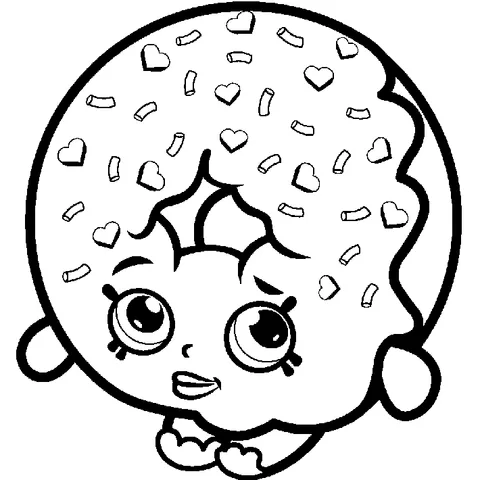 Dibujo de Shopkins para colorear: una linda dona con chispas en forma de corazón y una expresión feliz