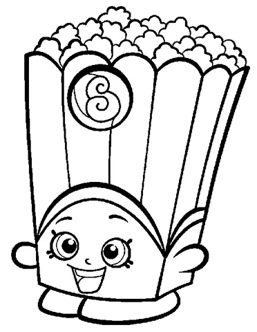 Dibujo de Shopkins para colorear: una caja de palomitas de maíz sonriente con una 'S' en su costado