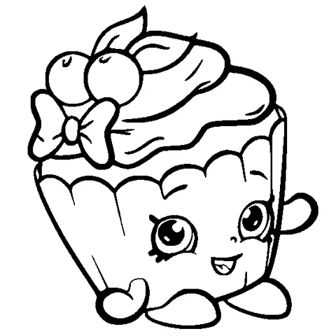 Dibujo de Shopkins para colorear: un cupcake feliz con cerezas, glaseado y un lazo encima