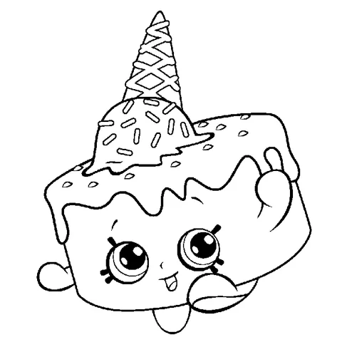 Dibujo de Shopkins para colorear: una rebanada de pastel con helado, chispas y un cono de waffle