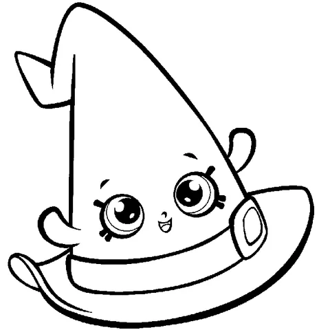 Dibujo de Shopkins para colorear: un sombrero de bruja sonriente con una hebilla en su ala