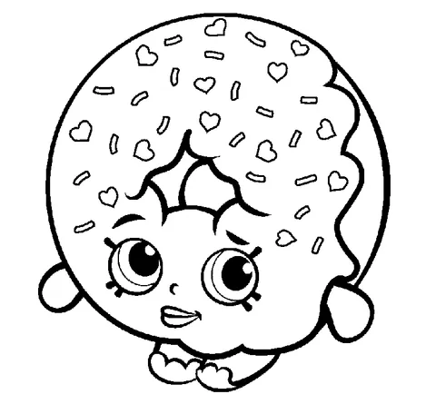 Dibujo de Shopkins para colorear: una linda dona con chispas en forma de corazón y una expresión feliz