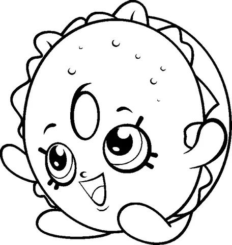 Dibujo de Shopkins para colorear: un taco redondo y feliz con una cáscara ondulada y una gran sonrisa