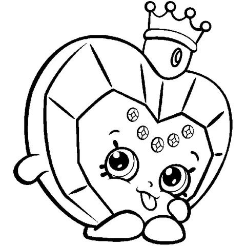 Dibujo de Shopkins para colorear: una joya en forma de corazón con una corona y gemas más pequeñas en su superficie