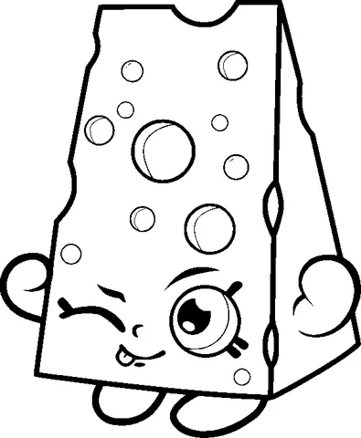 Dibujo de Shopkins para colorear: una cuña de queso suizo guiñando un ojo con agujeros y una lengua juguetona
