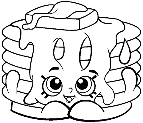 Dibujo de Shopkins para colorear: una pila de panqueques con mantequilla derretida y jarabe, sonriendo alegremente
