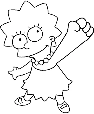 The Simpsons coloring page: Lisa Simpson smiling with one arm raised in the air