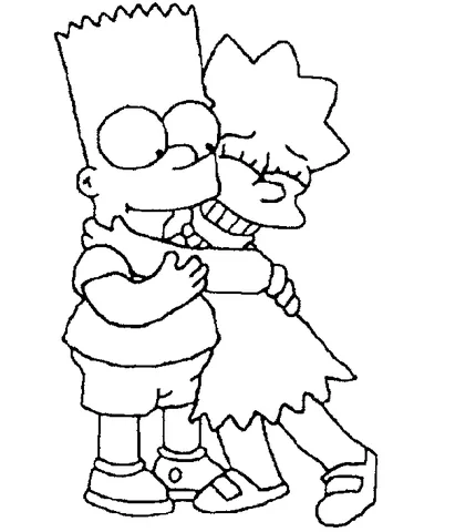 The Simpsons coloring page: Bart and Lisa Simpson hugging each other tightly