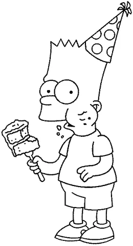 The Simpsons coloring page: Bart Simpson wearing a party hat, eating cake with a fork