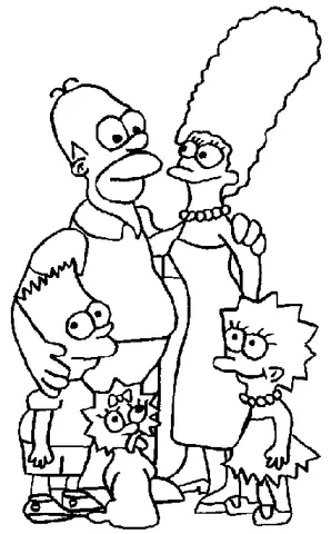 The Simpsons coloring page: Homer, Marge, Bart, Lisa, and Maggie Simpson posing together