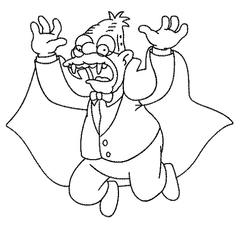 The Simpsons coloring page: Mr. Burns as a vampire, with fangs and a cape, jumping