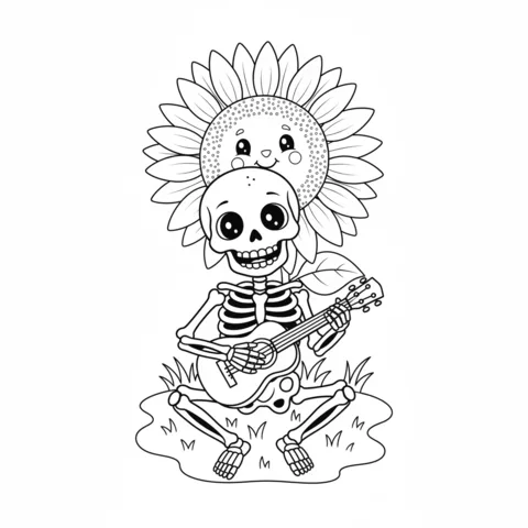 Coloriage Squelettes : un squelette jouant du ukulélé assis sur l'herbe avec un tournesol derrière sa tête