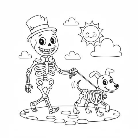 Coloriage Squelettes : un squelette en chapeau haut de forme et nœud papillon promenant un chien squelette en laisse sous un soleil souriant