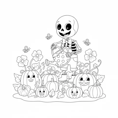 Coloriage Squelettes : un squelette arrosant un jardin rempli de citrouilles souriantes et de fleurs avec des papillons