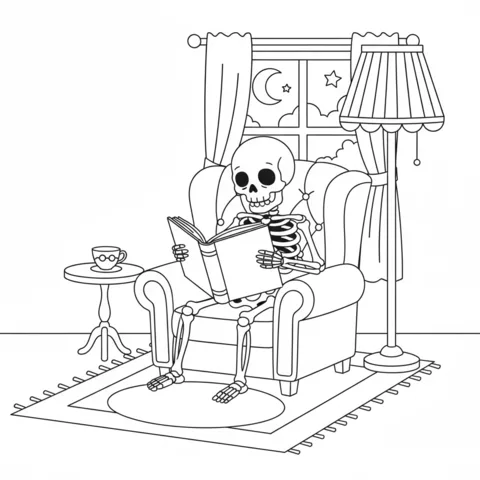 Coloriage Squelettes : un squelette assis dans un fauteuil lisant un livre près d'une fenêtre la nuit avec une tasse de thé