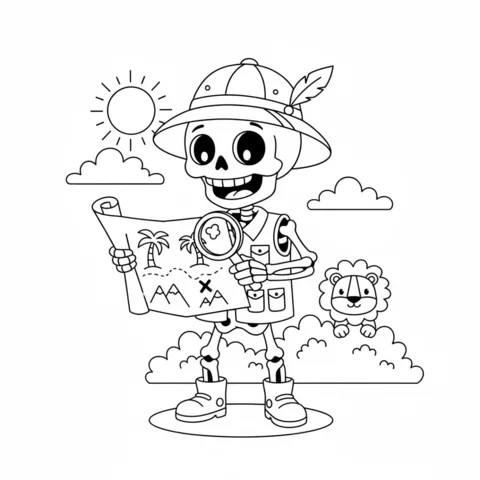 Coloriage Squelettes : un squelette explorateur en casque colonial regardant une carte au trésor avec une loupe