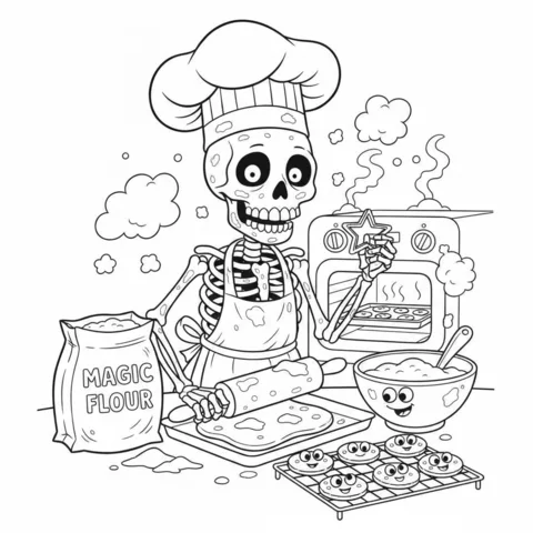 Coloriage Squelettes : un squelette chef cuisinier préparant des biscuits, tenant un emporte-pièce en forme d'étoile et un plateau de biscuits