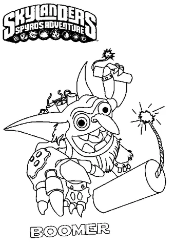 Ausmalbild Skylanders: Boomer, ein koboldartiger Charakter, der einen angezündeten Dynamitstab hält