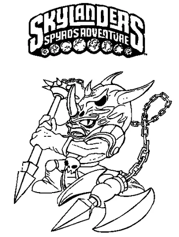 Ausmalbild Skylanders: ein gehörnter Skylanders-Charakter mit einem Stachelhelm, der eine angekettete Axt hält