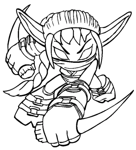Ausmalbild Skylanders: ein weiblicher Ninja-ähnlicher Charakter mit einem geflochtenen Zopf und scharfen Klingen