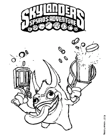 Ausmalbild Skylanders: ein Skylanders-Charakter mit Hauern und Hörnern, der zwei Münzen schießende Pistolen hält