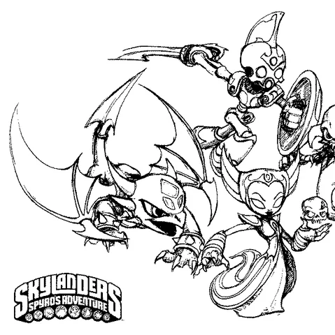 Ausmalbild Skylanders: drei Skylanders-Charaktere, darunter eine geflügelte Kreatur und eine Zauberin