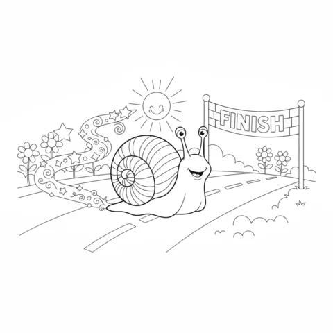 Snail coloring page: a happy snail on a road approaching a finish line banner