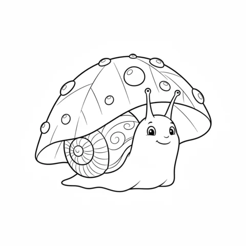Snail coloring page: a cute snail smiling under a large leaf with raindrops on it