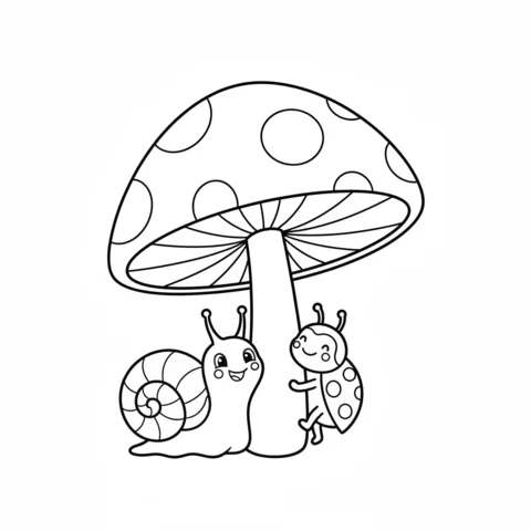 Snail coloring page: a snail and a ladybug standing under a spotted mushroom