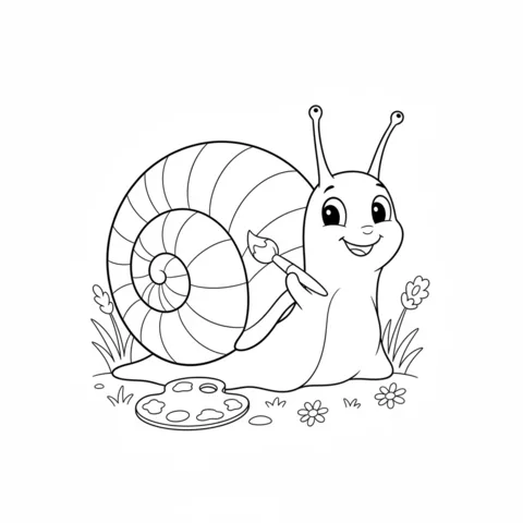Snail coloring page: a happy snail holding a paintbrush next to a paint palette